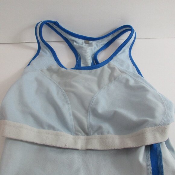 A+ Nike Fit Dry Activewear Top Women Medium Gray Blue Mesh Swoosh Logo Racerback - Picture 8 of 15